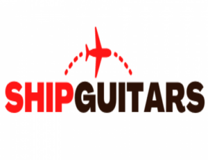 the word ship guitars with an airplane flying above it