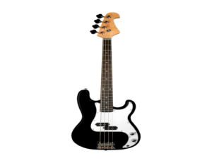 an electric bass guitar on a black background
